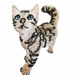 May include: Embroidered patch of a walking cat with a light beige and black striped pattern. The cat has blue eyes, pink ears, and a black nose and whiskers. The patch is designed to be sewn or ironed onto fabric.