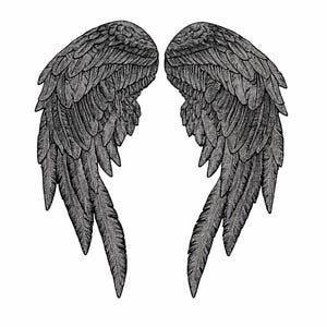 May include: A detailed illustration of two symmetrical angel wings. The wings are rendered in shades of gray, with intricate feather detailing. The artwork is set against a clean white background, emphasizing the wings' form and texture. The style is reminiscent of a woodcut or engraving.