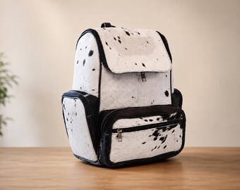 Cowhide Leather Backpack, Handmade Hair on Hide Backpack, Genuine Leather Laptop Bag for Women & Men, Western Travel Backpack, Rustic Gift