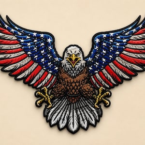 May include: An embroidered patch featuring a bald eagle with wings spread wide. The wings display a pattern of red and white stripes with blue sections containing white stars. The eagle has a brown body, a white head, and yellow talons.