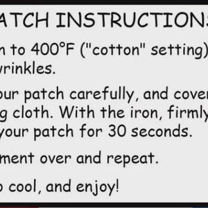 May include: A white graphic with black text providing patch application instructions. The instructions advise setting the iron to 204&deg;C, covering the patch with a cloth, pressing for 30 seconds, and allowing to cool.