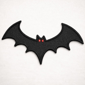 May include: Black bat-shaped patch with red eyes. The bat has a textured surface and is designed with pointed wings. This patch is suitable for Halloween or gothic-themed crafts and apparel.