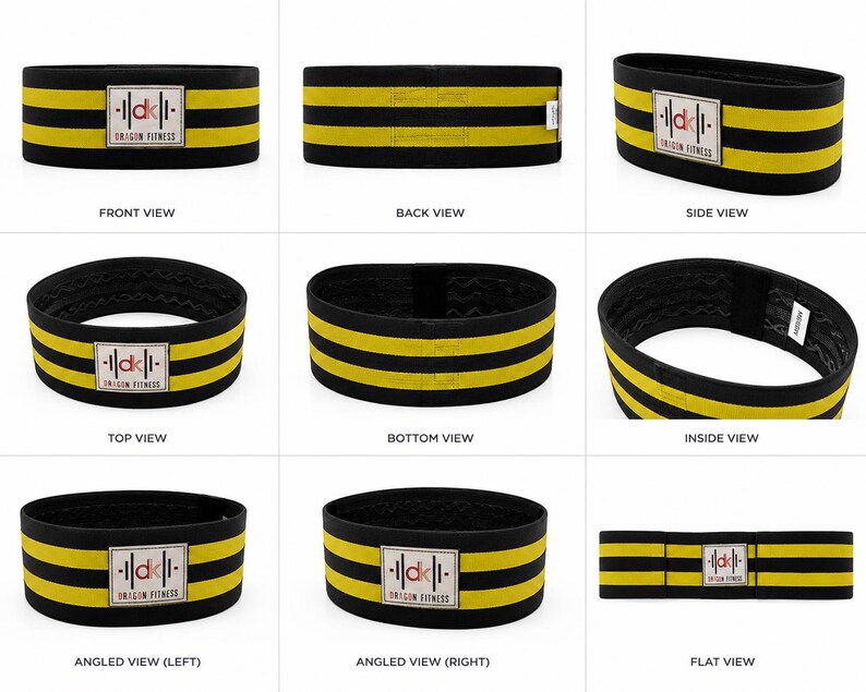 May include: Black and yellow resistance band with the text "dk | DRAGON FITNESS". The band features three yellow stripes and is displayed from various perspectives: front, back, side, top, bottom, inside, angled, and flat views.