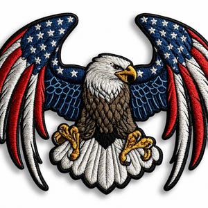 May include: An embroidered patch featuring a bald eagle with wings spread wide. The wings display a pattern of red and white stripes with a blue field containing white stars. The eagle has a white head, brown body, and yellow talons.