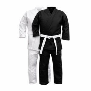 May include: Two martial arts uniforms, one white and one black, are displayed against a white background. The black uniform has a white belt tied around the waist. Both uniforms consist of a jacket and pants.