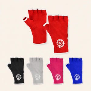 May include: Fingerless gloves in red, black, gray, pink, and blue. Each glove has a white trim and a white logo. The gloves are made of a soft, ribbed material. The gloves are designed to cover the hand but leave the fingers exposed.