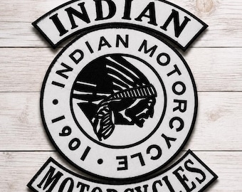 Vintage Indian Motorcycle Embroidered Patch – Black White Biker Badge (Iron On/Sew On)