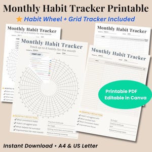 Monthly Habit Tracker Printable | Habit Wheel & Grid Tracker Template | Editable Canva Habit Tracker PDF A4 US Letter
