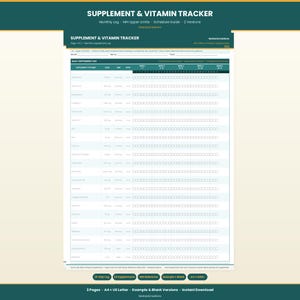 Supplement Vitamin Tracker Printable PDF, Daily Supplement Log, NIH Upper Limits, Monthly Tracker, Example and Blank Versions