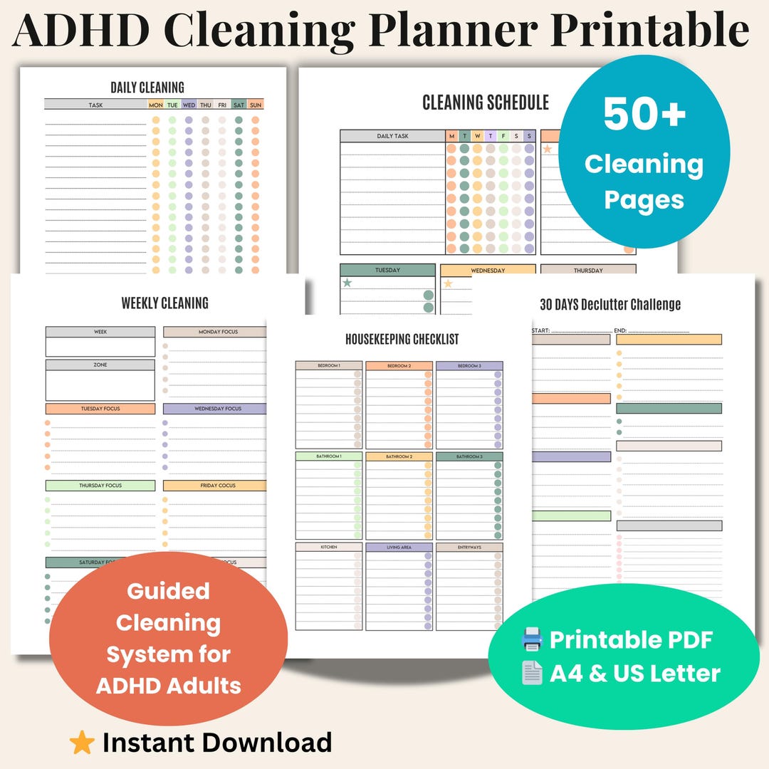 ADHD Cleaning Checklist Printable | ADHD Cleaning Planner for Adults ...