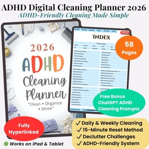 ADHD Cleaning Planner 2026 | Hyperlinked Digital Planner for iPad | Declutter Planner, Cleaning Schedule + BONUS AI Cleaning Prompts