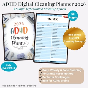 Puede incluir: Un planificador de limpieza digital para TDAH para 2026, diseñado para iPad, tableta y escritorio. El planificador incluye un sistema de limpieza simple e hipervinculado con 58 páginas. Incluye limpieza diaria, semanal y por zonas.