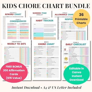 Kids Chore Chart Printable Bundle | All-in-One Routine, Behavior & Reward Charts | Editable Canva Responsibility System Family Routine Kit