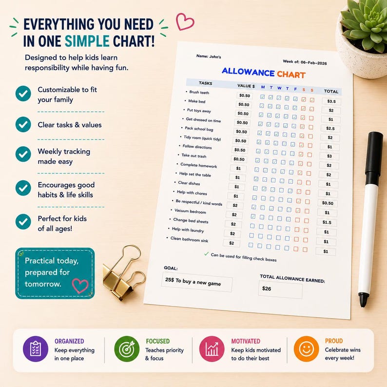 Allowance Chart for Kids | Printable Weekly Money Tracker + Canva ...