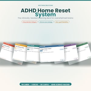 Puede incluir: El sistema ADHD Home Reset consta de 110 tarjetas en 6 mazos con tareas de limpieza. Cada tarjeta muestra una categoría, título de la tarea, nivel de energía y tiempo estimado. Las tarjetas están codificadas por colores y tienen una casilla.