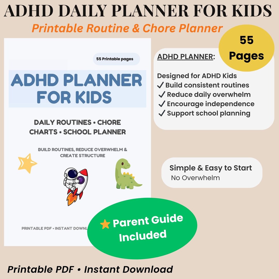 ADHD Daily Planner for Kids Printable | Daily Routine & Task Planner ...