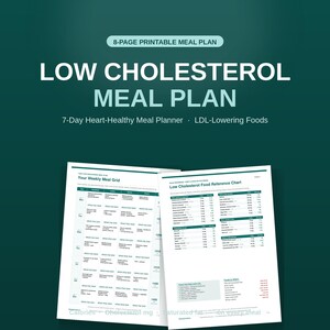 以下が含まれることがあります： 8ページの印刷可能な食事プラン。タイトルは「Low Cholesterol Meal Plan, 7-Day Heart-Healthy Meal Planner, LDL-Lowering Foods」。文書には、週ごとの食事グリッドと、食品、分量、mgの列がある低コレステロール食品の参照チャートが含まれています。