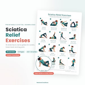 Könnte beinhalten: Ein druckbarer digitaler Download mit dem Titel Sciatica Relief Exercises, der 16 Dehnübungen und Nervengleitübungen bei Rücken- und Beinschmerzen zeigt. Das Dokument umfasst 12 Seiten in A4 und US Letter mit illustrierten Übungsanleitungen.