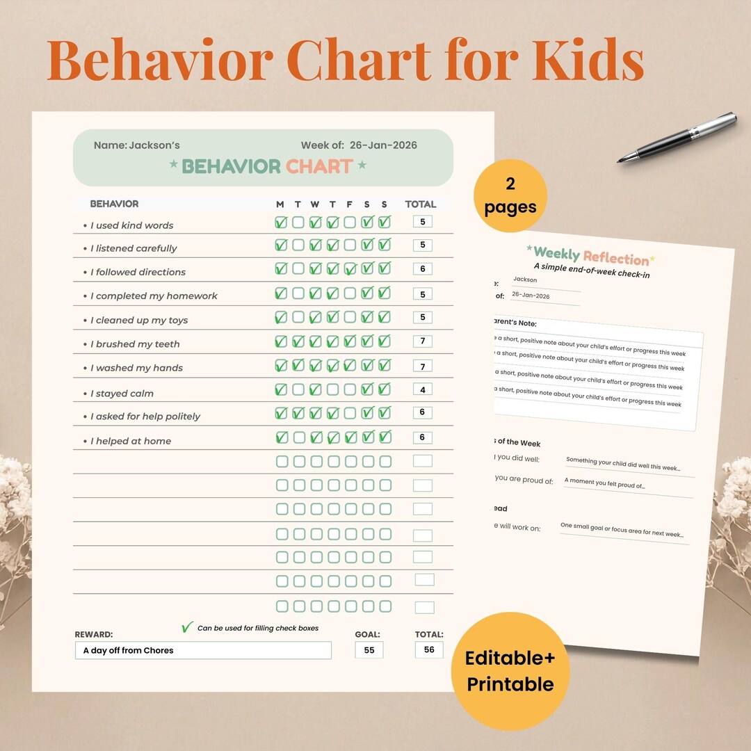 Behavior Chart for Kids | Printable Kids Chore and Reward Chart + Canva ...