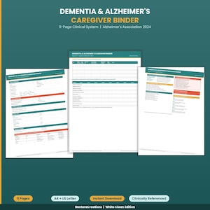 Può includere: Un raccoglitore per caregiver di persone affette da demenza e Alzheimer con un sistema clinico di 11 pagine. Il documento presenta pagine bianche con intestazioni color ottanio e arancione, tabelle e campi di testo per il monitoraggio.
