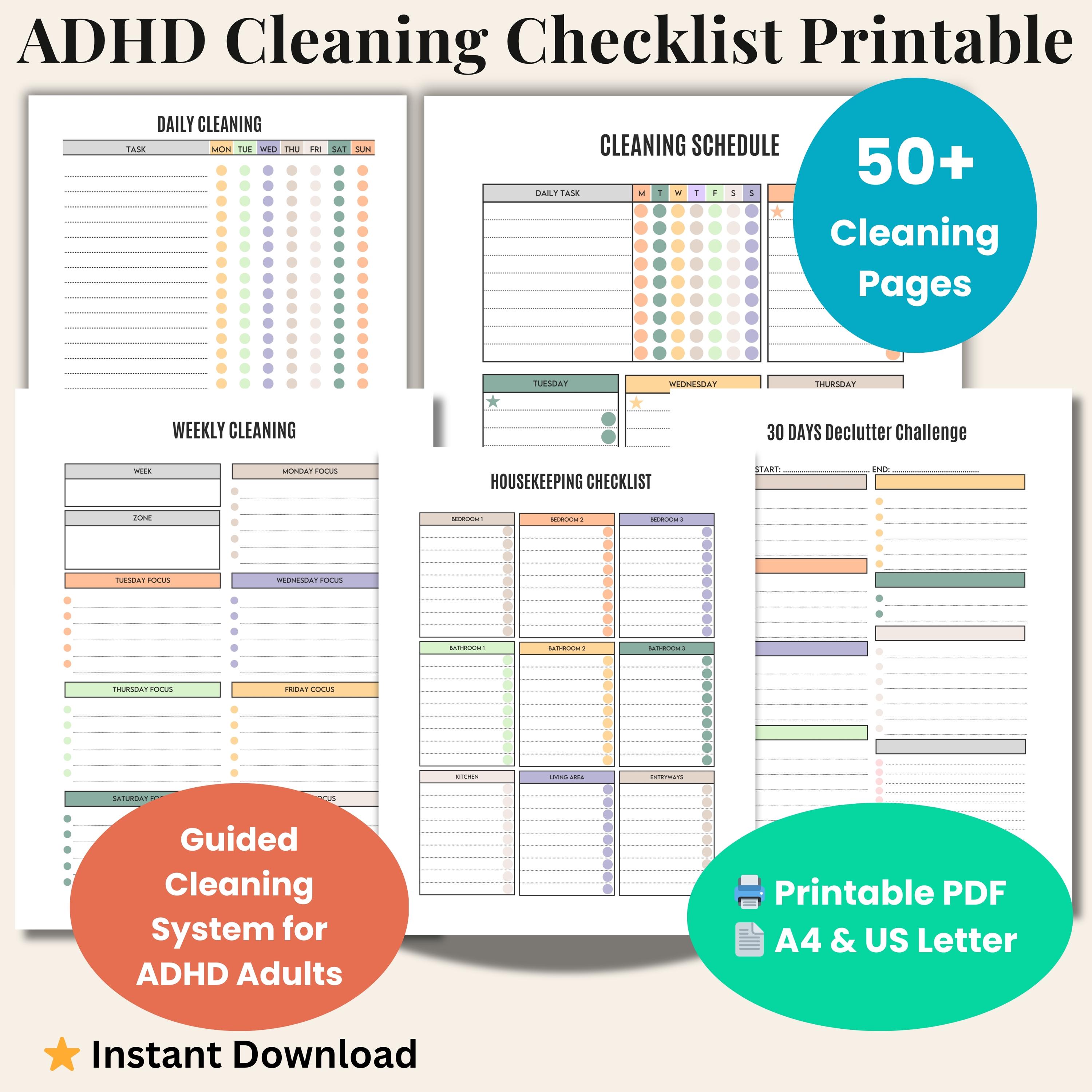 ADHD Deep Cleaning Checklist Printable | Room-by-room ADHD Cleaning