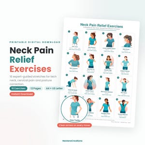 Puede incluir: Una descarga digital imprimible titulada Neck Pain Relief Exercises que presenta 16 estiramientos ilustrados para el cuello y la postura. El documento incluye diagramas numerados de una persona con camiseta azul verdoso realizando varios movimientos.