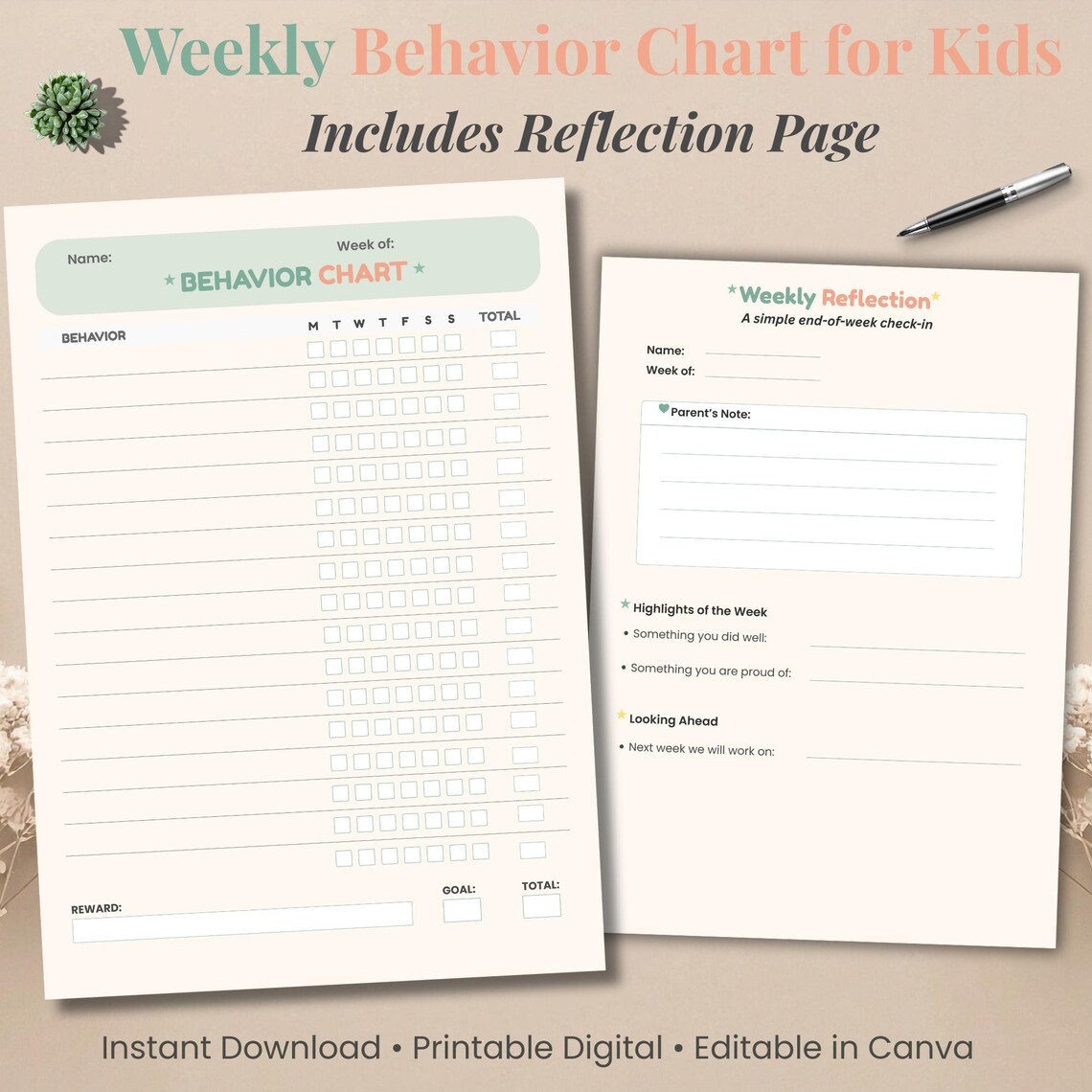 Behavior Chart for Kids | Printable Kids Chore and Reward Chart + Canva ...
