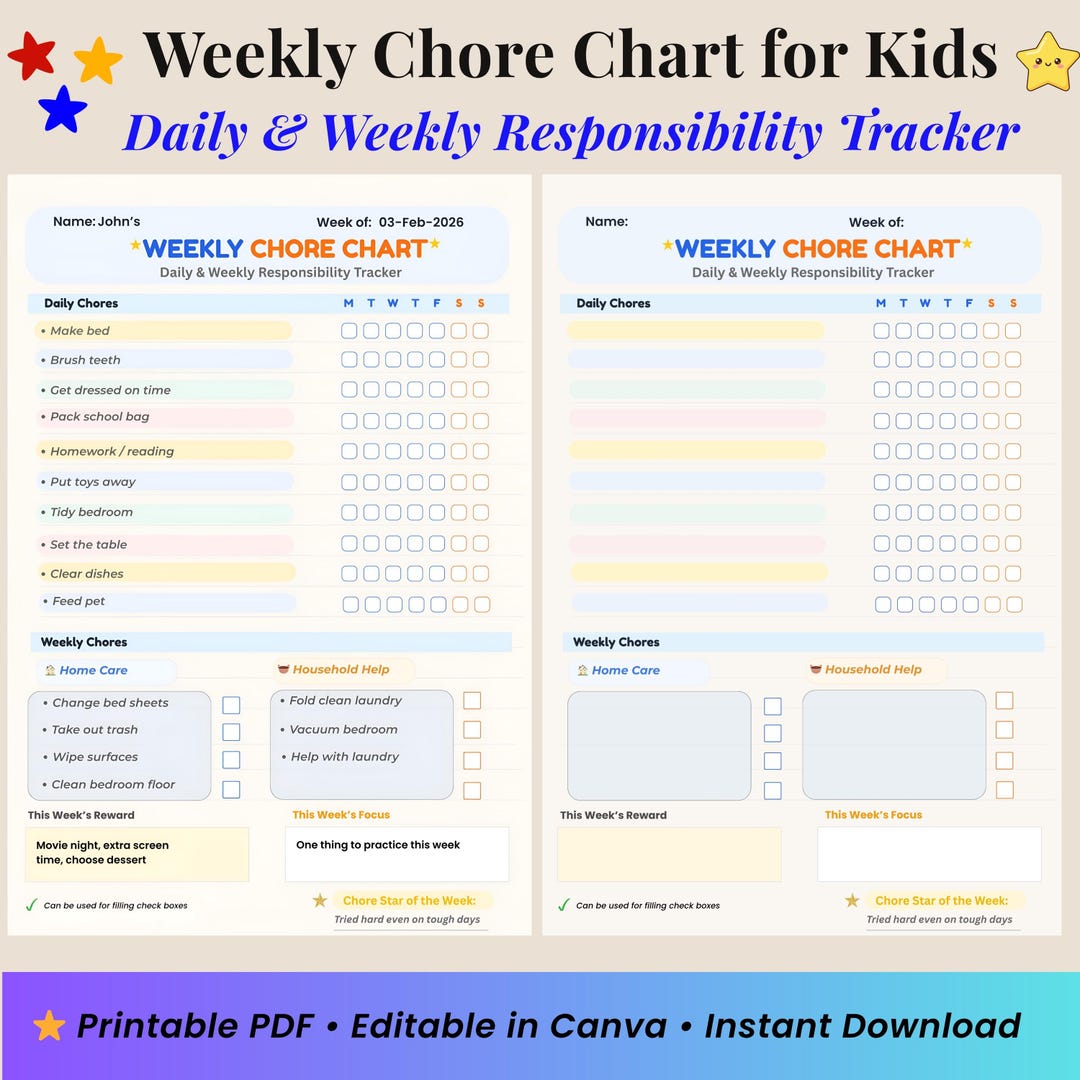Weekly Chore Chart for Kids | Daily & Weekly Responsibility Chart ...