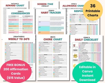 Kids Responsibility Chart Printable | Responsibility Checklist for Kids | Daily Responsibility Routine | Editable Canva Chart | Chore Charts