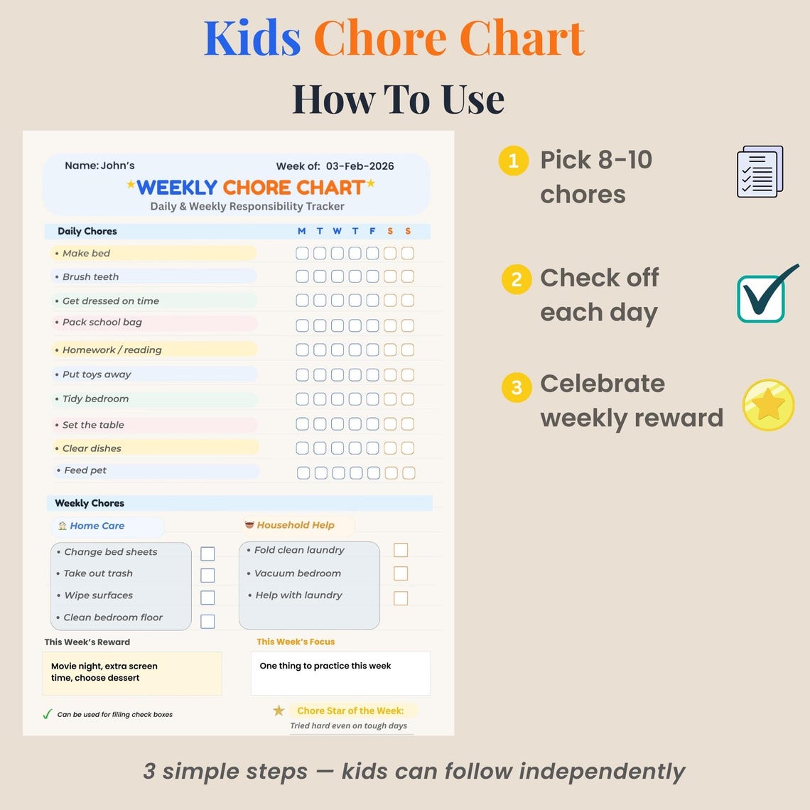 Weekly Chore Chart for Kids | Daily & Weekly Responsibility Chart ...