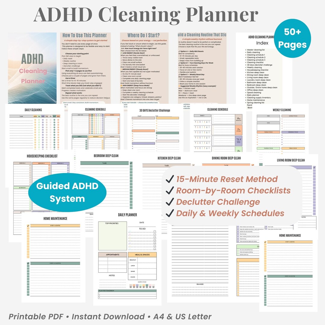 ADHD Cleaning Planner Printable PDF – Guided Cleaning Checklist