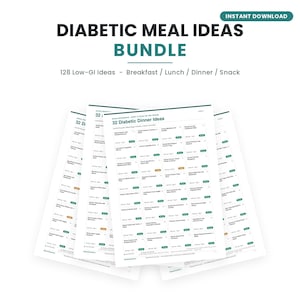 Peut inclure: Un ensemble numérique de feuilles de planification de repas imprimables intitulé Diabetic Meal Ideas Bundle, proposant 128 idées à faible indice glycémique pour le petit-déjeuner, le déjeuner, le dîner et les collations, présentées en grilles.