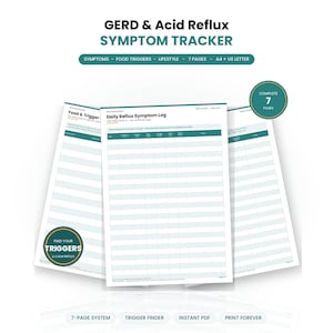 May include: A GERD and acid reflux symptom tracker document set featuring seven pages. The pages include a daily reflux symptom log and a food and trigger log with columns for tracking symptoms, food, and lifestyle. Text includes Find Your Triggers.
