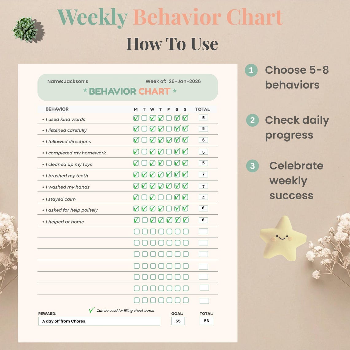 Behavior Chart for Kids | Printable Kids Chore and Reward Chart + Canva ...