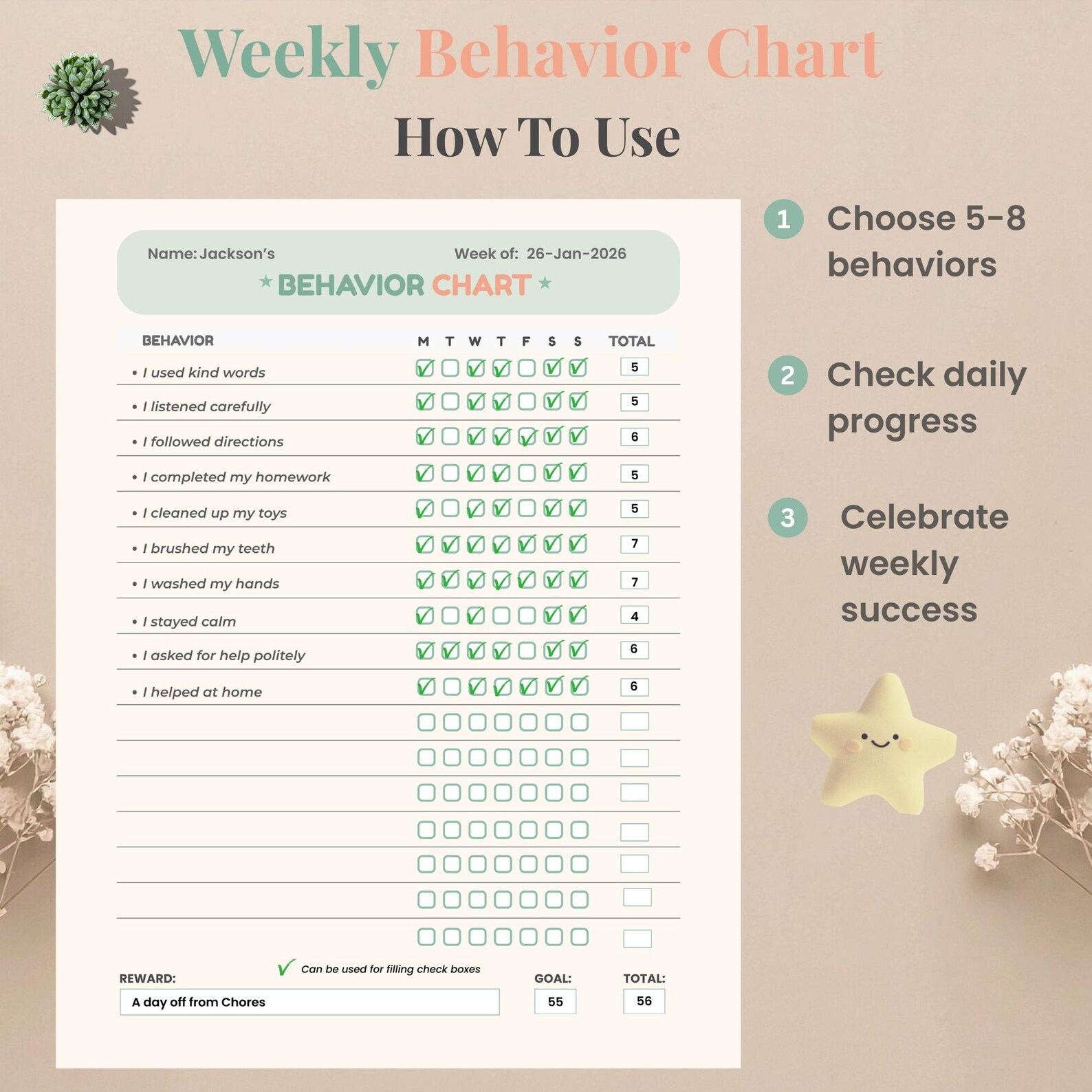 Behavior Chart for Kids | Printable Kids Chore and Reward Chart + Canva ...