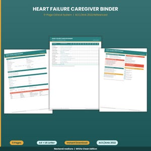 May include: A Heart Failure Caregiver Binder featuring an 11-page clinical system. The document includes pages with tables, checklists, and medical tracking fields, highlighted by teal, orange, and yellow accents. Text includes Heart Failure Caregiver Binder, 11-Page Clinical System, and ACC/AHA 2022 Referenced.