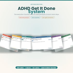 May include: The ADHD Get It Done System is a deck of cards featuring task management prompts. The cards are color-coded with headings like Start Anywhere, Break It Down, and Focus Sprint, including text instructions and a Done button at the bottom.
