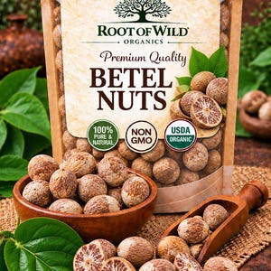 May include: A brown kraft paper pouch labeled Root of Wild Organics Premium Quality Betel Nuts with 100% Pure & Natural, Non GMO, and USDA Organic seals. The pouch contains round, textured brown betel nuts, with more nuts in a wooden bowl.
