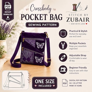 May include: A purple crossbody pocket bag sewing pattern featuring two diagonal zippered pockets and white butterfly graphics. The digital PDF includes instructions for one size, an adjustable strap, and is compatible with A4 or US letter paper.