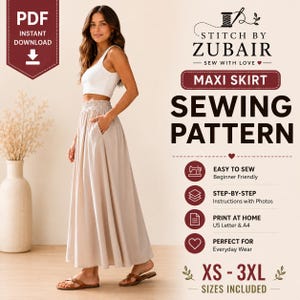 Op de afbeelding: Een digitaal naaipatroon voor een beige maxirok met een elastische tailleband en zijzakken. De tekst bevat Stitch by Zubair, Maxi Skirt Sewing Pattern, Easy to Sew, Step-by-Step Instructions, Print at Home en de maten XS tot en met 3XL.