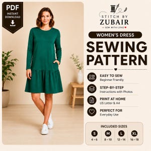 May include: A digital sewing pattern for a long-sleeved, dark green dress with a drop-waist skirt and side pockets. The document includes text: STITCH BY ZUBAIR, SEWING PATTERN, EASY TO SEW, STEP-BY-STEP, PRINT AT HOME, and size charts for S, M, L, and XL.