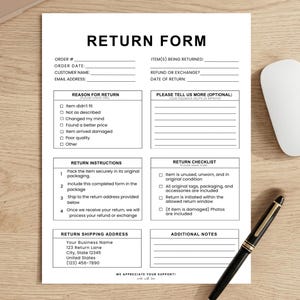 May include: A white return form with black text, including fields for order details, return reasons, and instructions. A pen, mouse, and laptop are in the background. The form includes a checklist for returns.