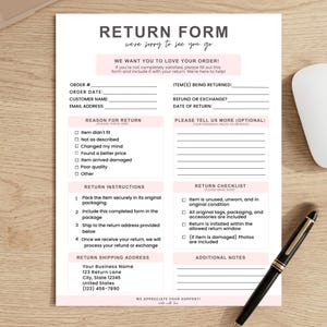 May include: A white return form with pink accents, a laptop, a mouse, and a pen. The form includes fields for order details, return reasons, and return instructions. The text "RETURN FORM" is at the top.