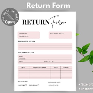 Puede incluir: Un formulario de devolución blanco con detalles en rosa y las palabras "Return Form" en una fuente elegante. El formulario incluye campos para detalles del pedido, información del cliente y devoluciones de productos. El tamaño es de 21,6 x 27,9 cm.