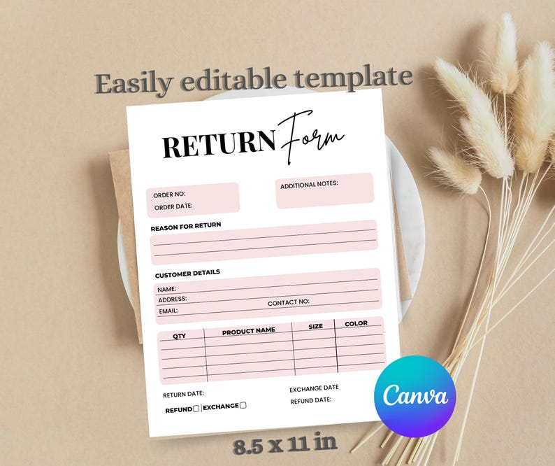Return Form Template Editable Canva, Refund Exchange Form, Small ...