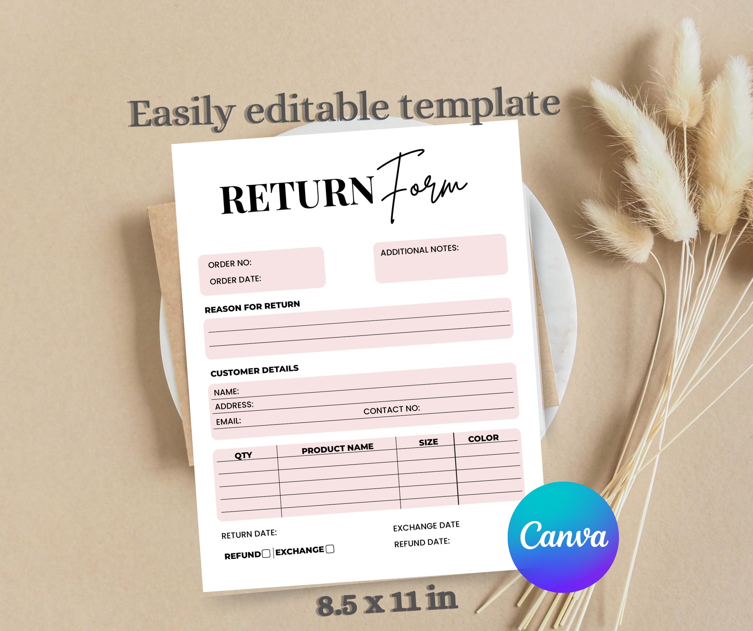 Return Form Template Editable Canva, Refund Exchange Form, Small ...