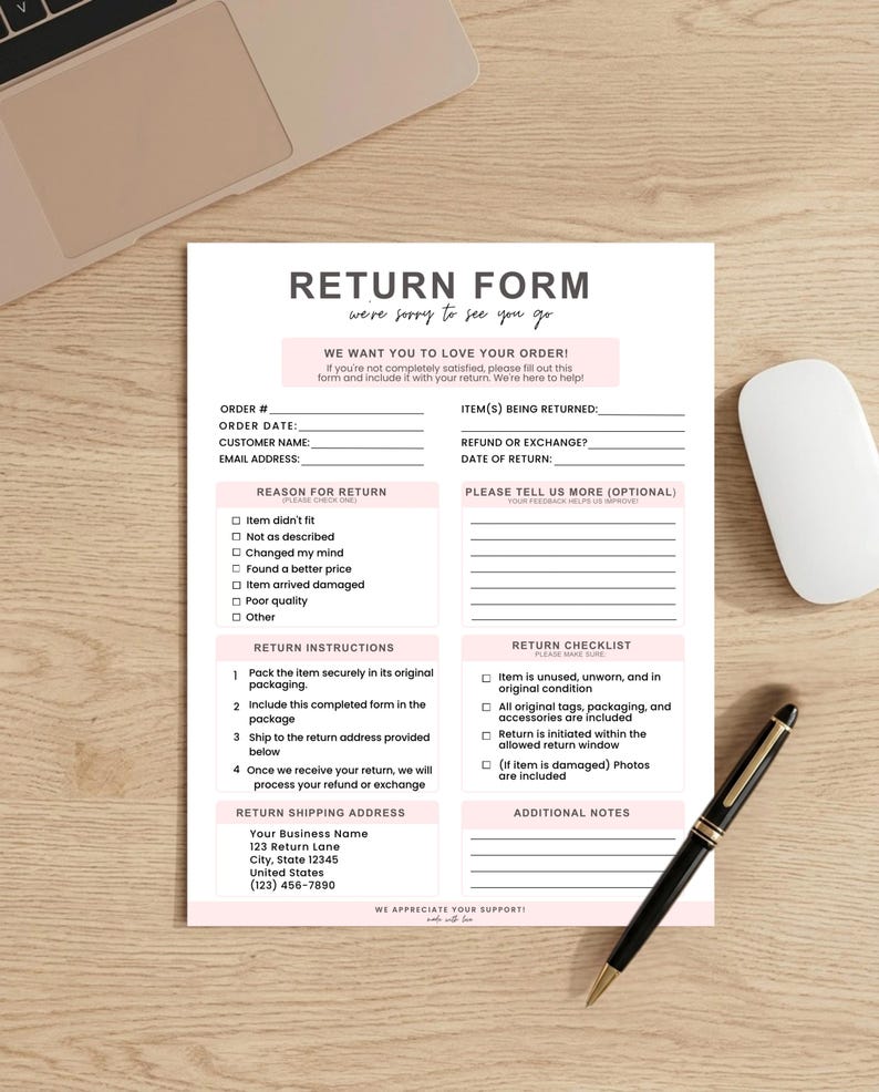 Return Form Template Editable Canva, Order Return Form Printable, Small ...