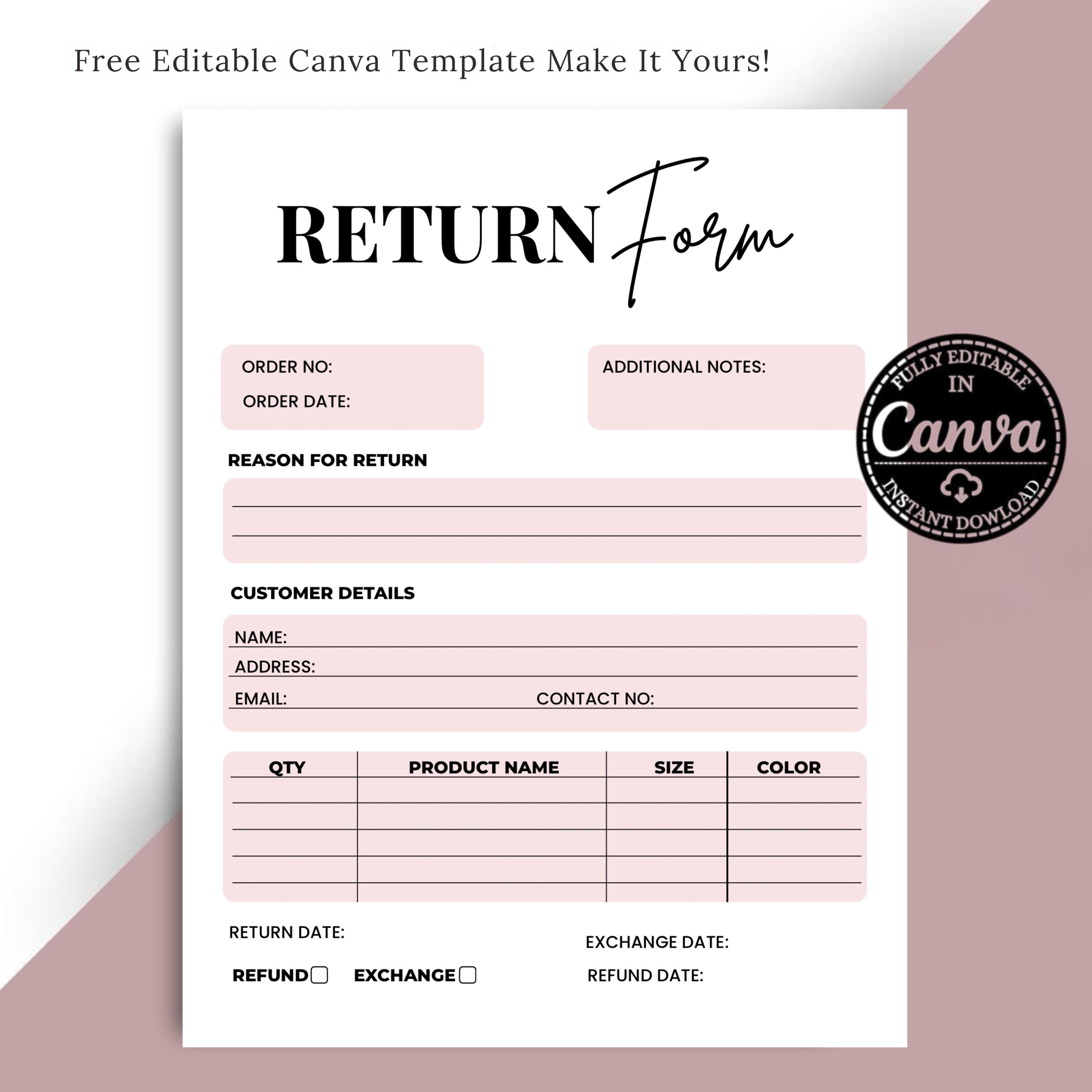 Return Form Template Editable Canva, Refund Exchange Form, Small ...