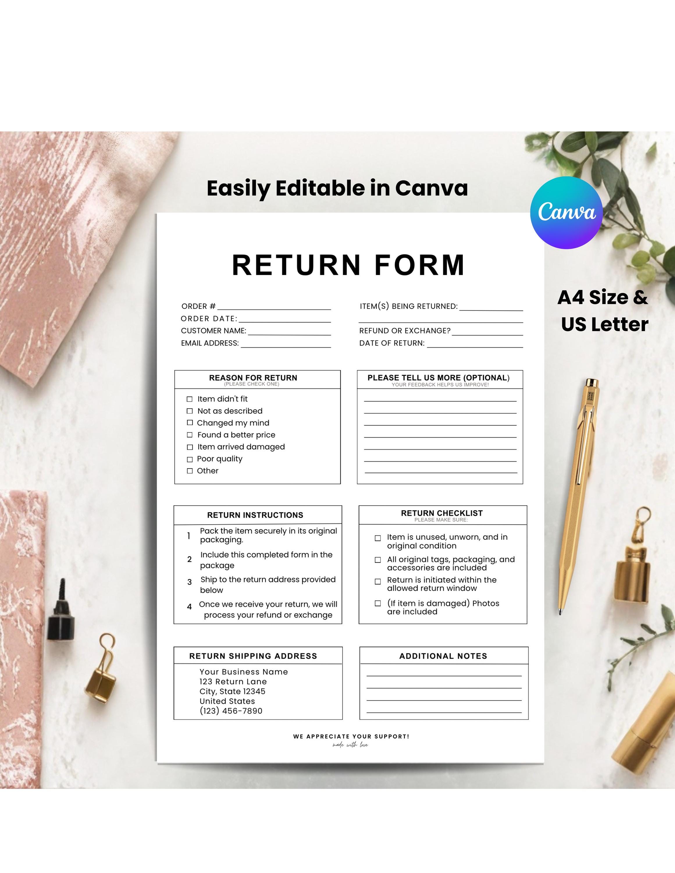 Return Form Template Editable Canva, Printable Refund Exchange Form ...