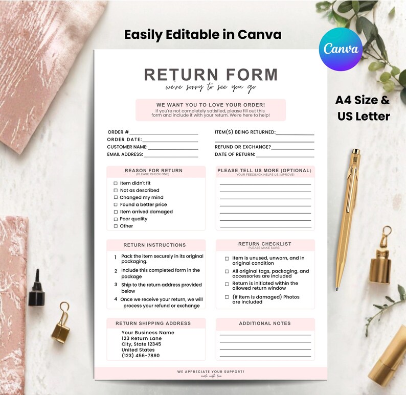 Return Form Template Editable Canva, Order Return Form Printable, Small ...